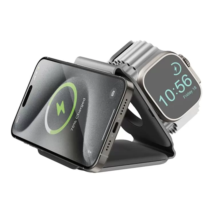 Беспроводное зарядное устройство EnergEA Bazic GoMag Trio PLUS magnetic wireless foldable 15W, серый