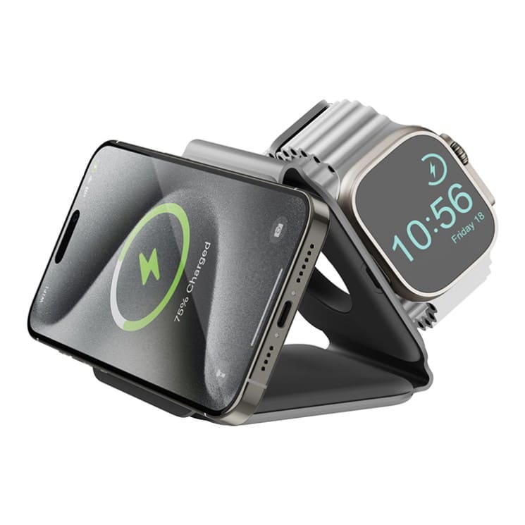 Беспроводное зарядное устройство EnergEA Bazic GoMag Trio PLUS magnetic wireless foldable 15W, серый